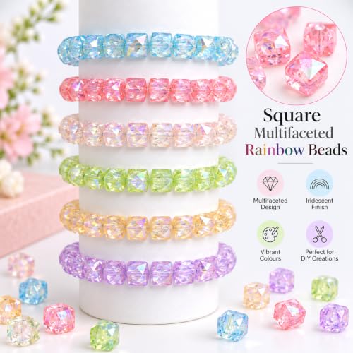 Image of 500 Pcs Square Rainbow Crystal Beads for Jewellery Making Kit - Beads for Bracelet Making Kit - Bead Craft - Acrylic - Multicolour - 120g, 8mm