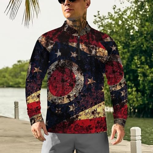 Retro Style Ohio Flag Men's Rash Guard Long Sleeves Quick Dry Fishing Workout Shirts with Zipper2