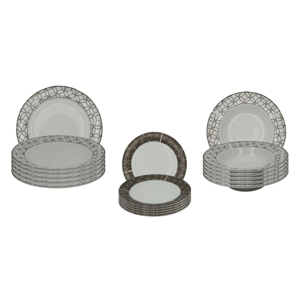 Brill Tortora – Servizio piatti in porcellana 18 pezzi (6 piani Ø24, 6 fondi Ø22, 6 dessert Ø19) – finitura lucida, design geometrico, adatti a lavastoviglie e microonde