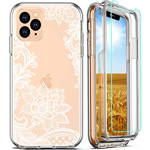 FIRMGE for iPhone 11 Pro Max Case, with 2 x Tempered Glass Screen Protector 360 Full-Body Coverage Hard PC TPU Silicone 3 in 1 Military Grade Heavy Duty Shockproof Phone Protective Cover- Clear Lace