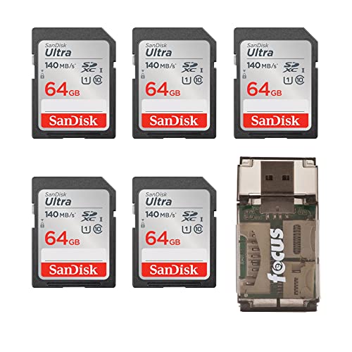 SanDisk 64GB Ultra Class 10 140 MB/s UHS-I SDXC Memory Card (5-Pack) Bundle with All-in-One High Speed Card Reader (6 Items)