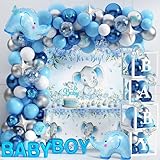 Elephant Baby Shower Decorations for Boy Elephant Themd Birthday Party Supplies Balloon Garland It's a Boy Backdrop Tablecloth Cake Toppers Foil Balloon for Baby Shower Decor