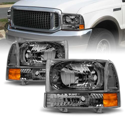 AmeriLite for 1999-2004 Ford Super Duty F250 F350 F450 F550 | Excursion Factory Style Gun-Metal Replacement Headlights w/Corner Bumper Set - Passenger and Driver Side