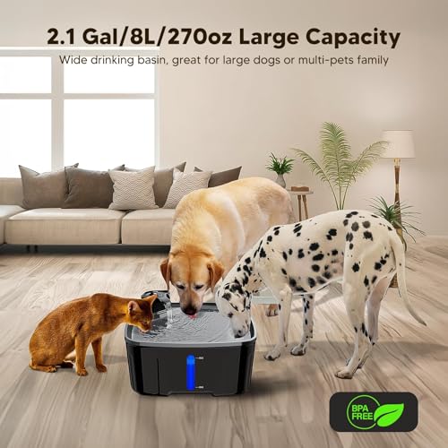 Dog Water Fountain for Large Dogs, 2.1GAL/8L/270oz Large Dog Water Fountain Bowl for Dog Inside,Dog Fountain with Water Level Window and Shortage LED Reminder, Ultra-Quiet Pump,Water Fountain for Dog