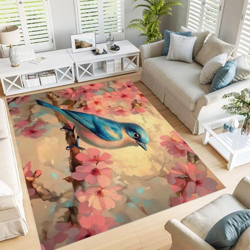 Tapis salon lavable antidérapant grand format style vintage cerisier fleurs