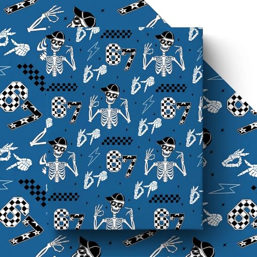 GleeWrap 67 Wrapping Paper Skull Gift Wrap with Checkered Lightning Design for Teen Birthdays 4 Sheets 50 x 70cm