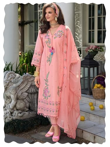 Image of INDO ERA Women's Straight Pure Cotton Floral Embroidered Kurta & Pant with Dupatta Set (IEOUT11423)