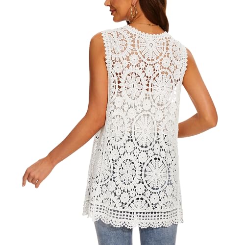 Image of Women's Crochet Floral Boho Lace Trim Sleeveless Kimono Open Front Vest Cardigan