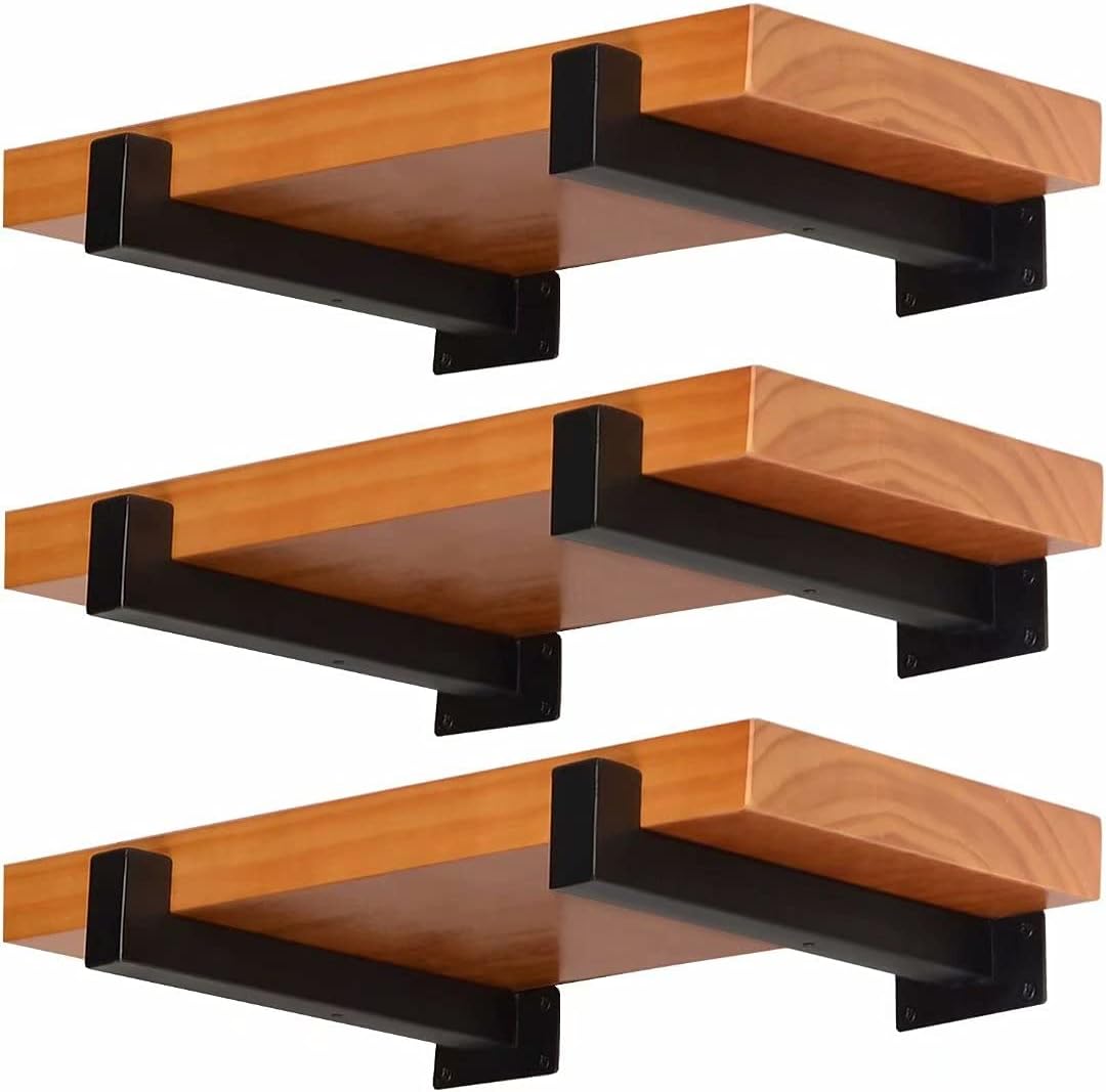 Shelf Brackets 6 Pack Thickened Heavy Duty Floating Shelf Brackets 12 inches (Actual 11.25"）,Wall Mounted Industrial Metal Decorative Black Shelving Brackets with Lip……