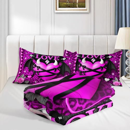 Image of AILONEN Gothic Love Heart Comforter Set Queen Size,Hot Pink Leopard Print Bedding Set for Fashion Girl Bedroom Decor,3-Piece Roses Quilt with 2 Pillowcases