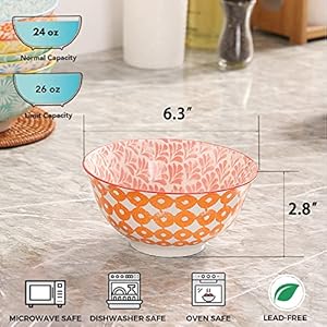 Cereal bowls 26 oz ceramic bowls set of 6 soup bowls bowls for kitchen bowl set for salad pasta oatmeal 63 inch microwave dishwasher safe  urban country home decor