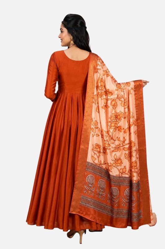 Image of Women's Ethnic Anarkali Kurta Set | Premium Vichitra Silk Gown with Printed Mayura Silk Kalamkari Dupatta Brown