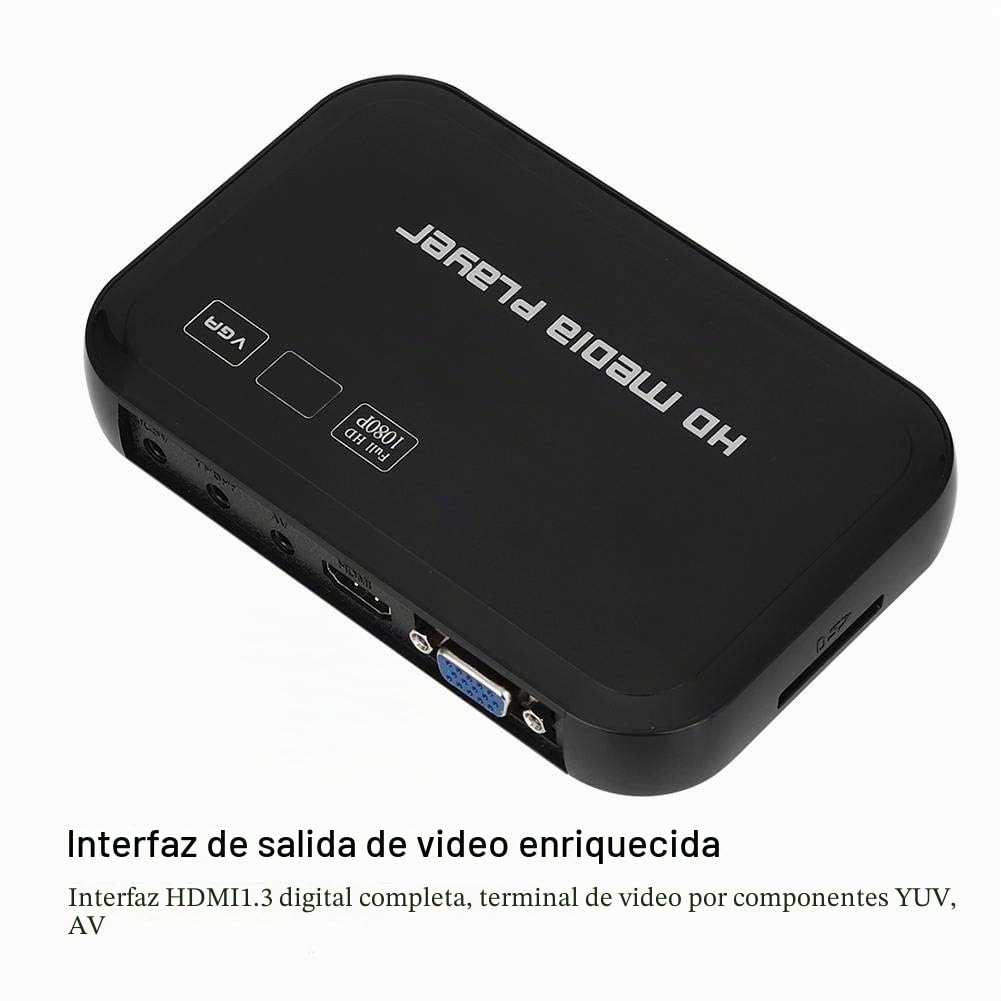 Reproductor multimedia HD, puertos HDMI Reproductor digital portátil 1080P reproducción de video y fotos con unidad USB/tarjetas SD/dispositivos externos, salida HDMI/AV/VGA(Enchufe de la UE)