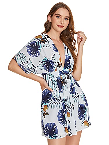 Image of Floerns Women's Tropical Floral Plunging V Neck Tie Open Back Summer Short Dress