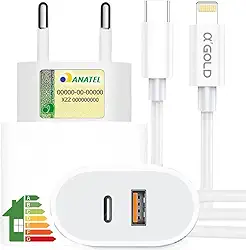 Carregador Turbo 40W A’Gold Compatível iPhone e iPad – Fonte Carregador iPhone Original com Duas Entradas USB e USB-C + Cabo Tipo C – Tecnologia PD Carga Rápida