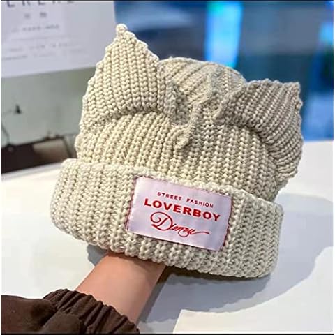 LALAHO Wool hat niche cold hat personality cat pig ears knitted hat warm hat M(56-58cm) Beige Cover
