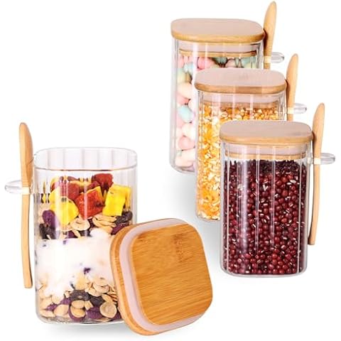CZFWin 4 Pack Square Glass Containers with Lids and Spoons, 17 OZ Overnight Oat Container with Lids Glass, Oatmeal Jar with Spoons, Meal Prep Jars for Yogurt, Chia Pudding Cover