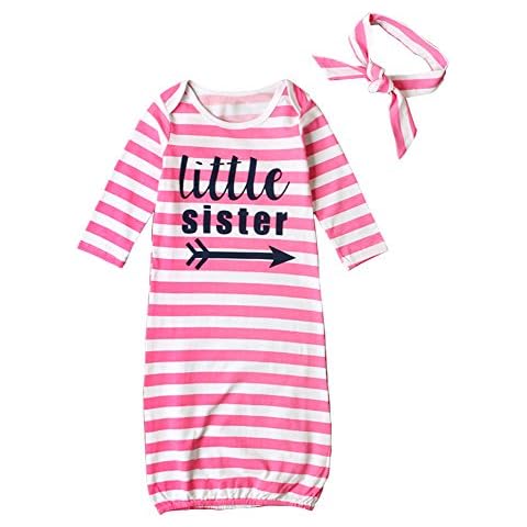 HBER Newborn Baby Girls Little Sister Long Sleeve Stripe Nighties Gowns Pyjama Infant Take Home Outfits with Headband Pink Cover