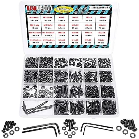 NEWURBAN 1060 Pcs M2 M3 M4 M5-304 Alloy Steel Hex Socket Head Cap Metric Bolts Screws Nuts Washers Assortment Kit - Allen Hex Drives - Button Head Cap Screws - Storage Box Cover