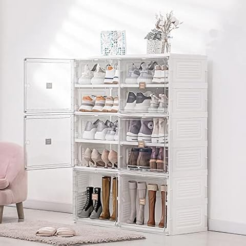 DAMAHOME Shoe Storage Cabinet Organizer - Foldable Rack for Entryway,Stackable with Doors and Shelves,Shoe Box Closet,Hallway,Living Room (Large 10 Cubbies,White), 13.38''x33.46''x40.9'' Cover