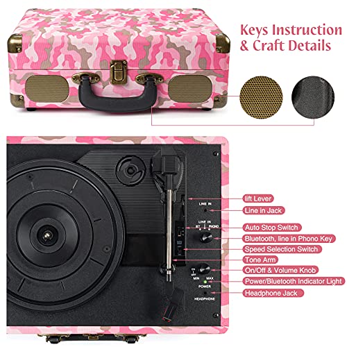 Image of Vinyl Record Player 3-Speed Bluetooth Portable Suitcase Belt-Driven Record Player with Built-in Speakers RCA Line Out AUX in Headphone Jack Vintage Turntable Pink