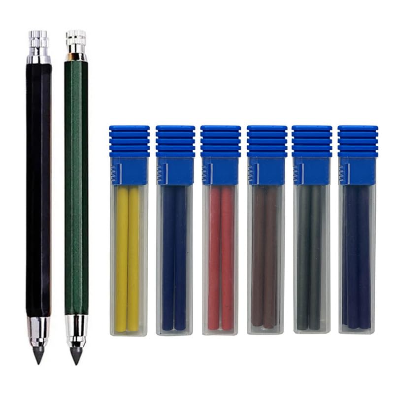 JOMPENS Juego de 8 portaminas de metal de 5,6 mm con minas de grafito, portaminas para ingeniería, marcado, bocetos, dibujo, construcción de arquitectura (negro y verde)