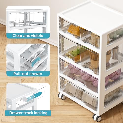 Image of Vtopmart Plastic Drawer Storage Orangizer, 4 Tier 6 Drawers with Wheels for Office Supplies, Art Crafts, Under Desk Storage for Office, Bathroom, Dresser, 1 Pack /Clear
