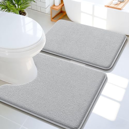 OLANLY Memory Foam Bathroom Rugs Sets 2 Piece, 24"x16"+24"x20", Light Grey