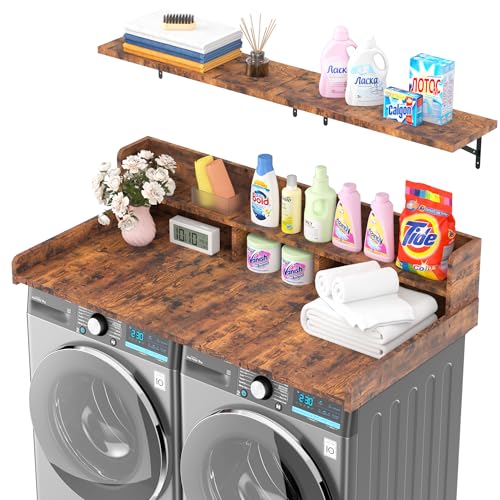 Image of advwin 2-Tier Washer Dryer Countertop with Storage, Laundry Countertop with Shelf for Laundry Room, Washer Dryer Topper with Anti-Slip Pads (Brown)