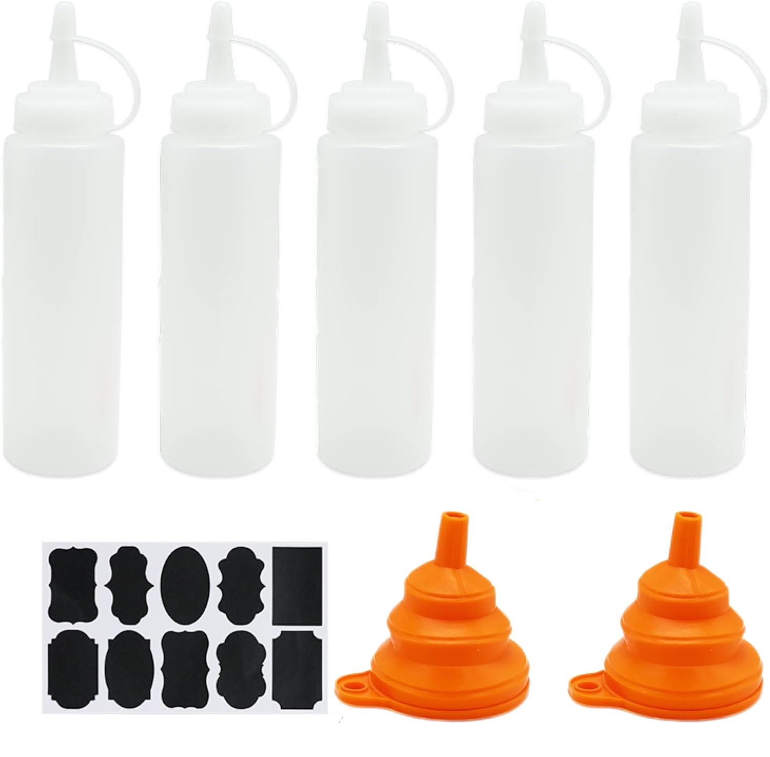 5 Pcs Squeeze Condiment Bottles - 8 oz Reusable Plastic Sauce Dispensers for Ketchup, Mustard, Hot Sauces, Oil With Funnel, Sticker Label - White (250ml)