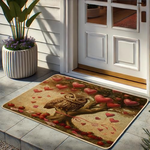 Paillasson chouette de Saint-Valentin, joli tapis décoratif marron pour entrée intérieure et extérieure, motif cœur, décoration printanière,...