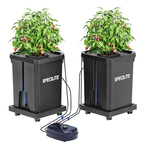 SPECILITE DWC Hydroponics Grow System with Top Drip Kit 7 Gallon 2 Buckets Deep Water Culture Recirculating Drip Garden System with Plant Stand with Wheels Air Pump Air Stone Air Hose