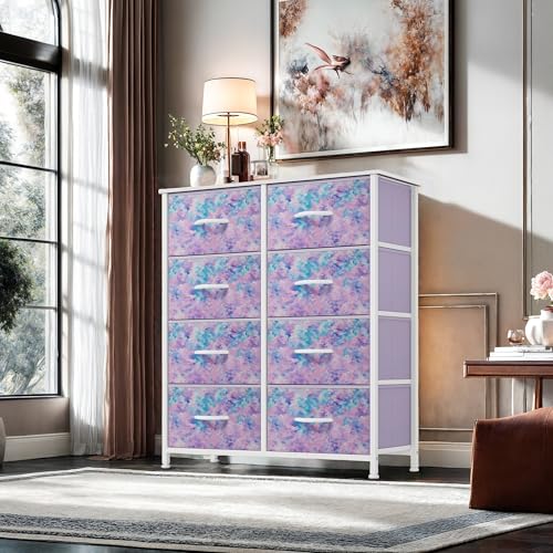 GOOBED Fabric Dresser Drawer, Tall Storage Dresser with 8 Drawers, Chest of Drawers, Storage Drawer Organizer for Closet, Living Room, Closets, Tie-dye Purple