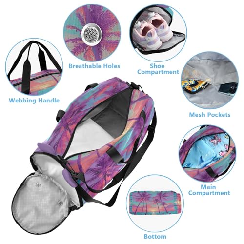 Tropical Palm Sunset Purple Kids Travel Duffel Bag for Boys Girls Overnight Weekend Tote Bag with Shoes Compartment for Sleepover Trip Beach4