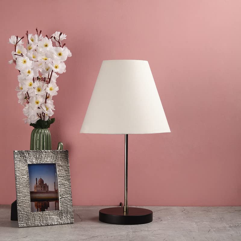 Image of Silver Table Lamp with Handmade Conical White Shade, Minimalist Design, for Couple Dinner /Coffee Table /Restaurant /Bedroom, On /Off Switch Long Wire