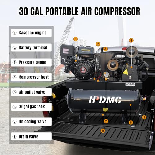 HPDMC 13HP Gas Powered Air Compressor 24CFM Electric Start Gasoline Driven Piston Pump Air Compressed System with 180PSI Max. Pressure & 30 Gal ASME Tank for Workshop, Construction Sites, Machinery - Thumbnail 4