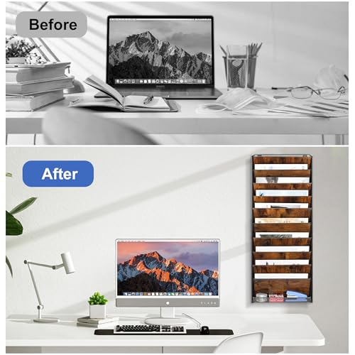 TQVAI 10 Compartimentos Metal Madera Revistero Pared Documentos Organizador Papeles A4 Colgante Oficina Archivador de Organizador Herramientas Pared, Negro/Antiguo - imagen 4