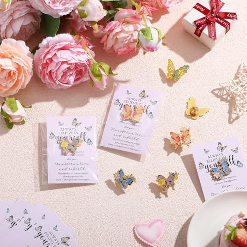 Image of Landical Inspirational Gifts for Women Bulk 4 Styles Butterfly Lapel Pins Butterfly Brooches Pins Motivational Cards with Opp Bags for Teacher Nurse(12 Sets)