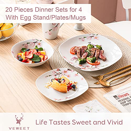 Veweet, Series Annie, 20-Piece Porcelain Dinnerware Set With Pink Floral, White Plates And Bowls Sets Including Dinner Plates, Dessert Plates, Mugs And Egg Cups, Service For 4 #TOP1