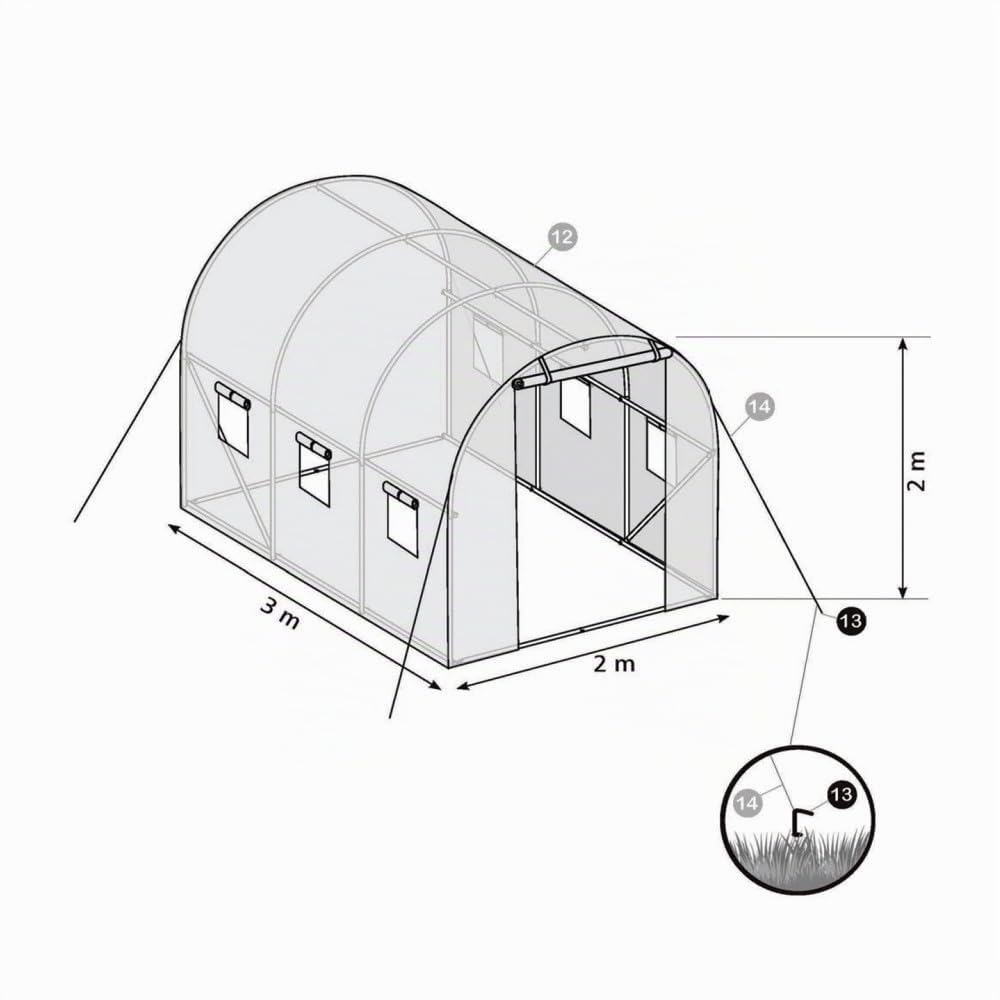 Oxeo Serre de Jardin Tunnel 6m²- bâche armée renforcé 3 x 2 x 2m - Structure Acier - Porte zippée - 6 fenêtres - pour Toutes Saisons