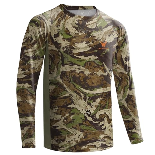Huntrex Men's Camo Hunting Shirt with Zipper Pocket – UPF 50+ Fishing Shirts Sun Protection Long Sleeve Quick-Drying (Vortex Hide,XL)