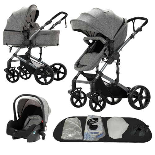 Nine point nine Carrito Bebe 3 en 1, Carricoche Bebe 3 Piezas con Capazo Grande Cómodo, Carro Tres Piezas Empuje Bidireccional Reversible, Cochecito Marco de Aleación Aluminio (588 Grey)