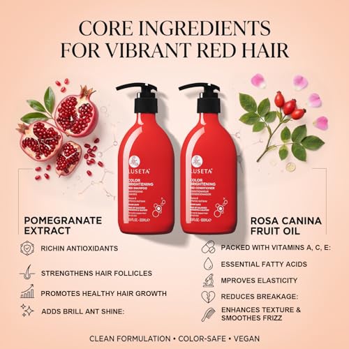 Image of Luseta Color Enhancing Shampoo and Conditioner Set for Red & Copper Hair. Revives & Intensifies Fiery Hues, Adds Radiant Shine, Smooths Frizz, Improves Elasticity with Pomegranate, 2 x 16.9oz