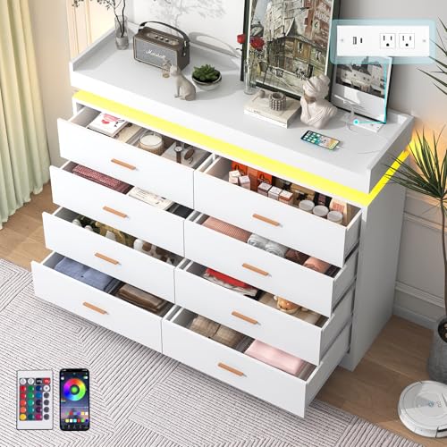 Image of jiteentarou 8 Drawer Dresser with Charging Station and LED Lights, Modern Chest of Drawers with Power Outlet, Organizer Cabinet for Bedroom, Living Room, White