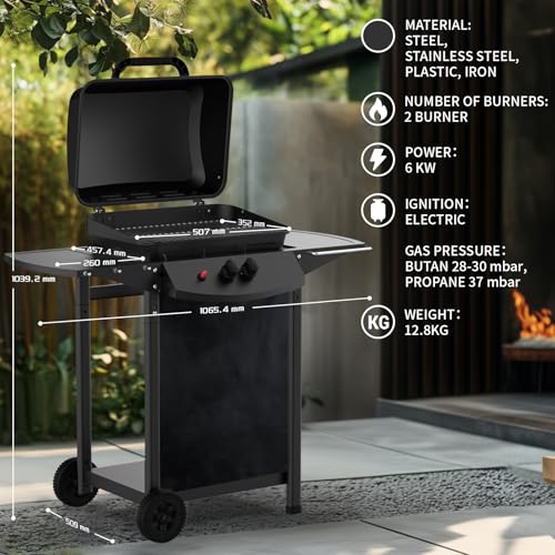 Topwish Gasgrill 2 Brenner,Gasgrill,Gasgrill klein,Gasgrill Balkon, Outdoor Grill,Grillwagen,Maße 106.44 * 55.6 * 103.85, geeignet für FR,IT,LU,ES,BE,6.0 kW