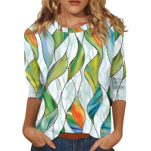 HTHLVMD Womens 3/4 Length Sleeve Tops 2025 Fall Fashion Floral Print Crewneck Causal Trendy Tunic Tops for Women