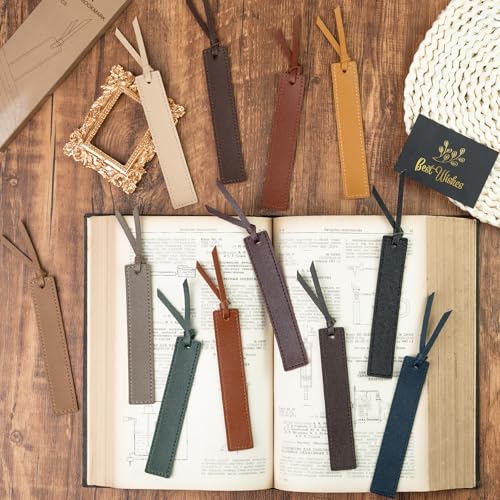 Image of MIXVOVA 12 Pcs Leather Bookmark with Tassel, Classic Style Bookmark, 0.05 Inches Thin Handmade Stitched Bookmarks for Men, Book Marks for Reading, Gifts for Book Lovers, Readers