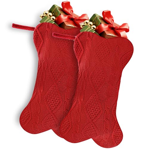 Image of JTYKUYR Dog Christmas Stocking, Large Knitted Christmas Stocking for Dogs White Bone Shaped Hanging Dog Christmas Stocking for Dogs Pets