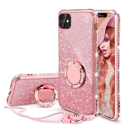 [Victorlan] iPhone 12 Mini Case, Cute Glitter Sparkle Bling Diamond Rhinestone Bumper with Ring Kickstand Women Girls Soft Pink Protective Phone Case for iPhone 12 Mini [5.4 inch] 2020 (Rose Gold)