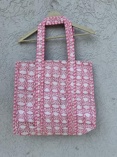Image of Quilted Cotton Hand printed Reversible Large multicolor cotton Tote Bag,Indian Handmade Block Printed Tote Bag Women Handbag